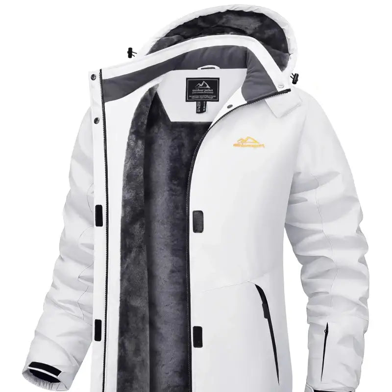 Parka hiver femme blanche avec capuche, chaude et imperméable, idéale pour les intempéries.