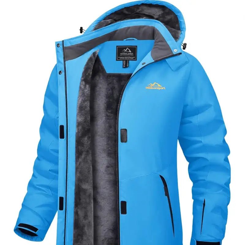 Parka femme capuche réglable bleu avec intérieur en fourrure douce et zips de fermeture.