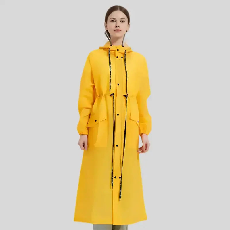 Parka K Way Femme jaune longue à capuche avec cordons et boutons, parfait pour l’hiver
