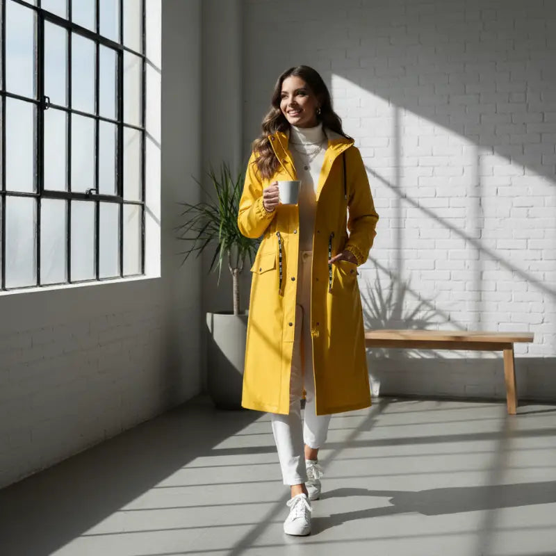 Femme portant un parka K-Way Femme jaune avec mug blanc, style imperméable