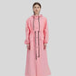 Parka K-Way Femme longue rose pâle avec capuche, ceinture et accents noirs