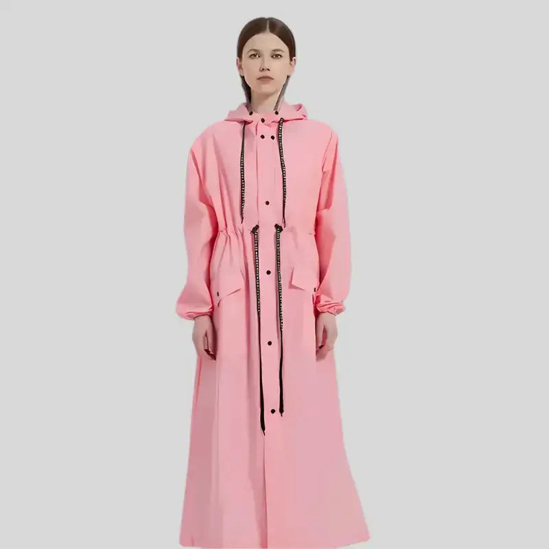 Parka K-Way Femme longue rose pâle avec capuche, ceinture et accents noirs