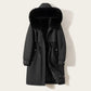 Parka longue femme noire avec capuche en fourrure, doublure intérieure légère, confort optimal