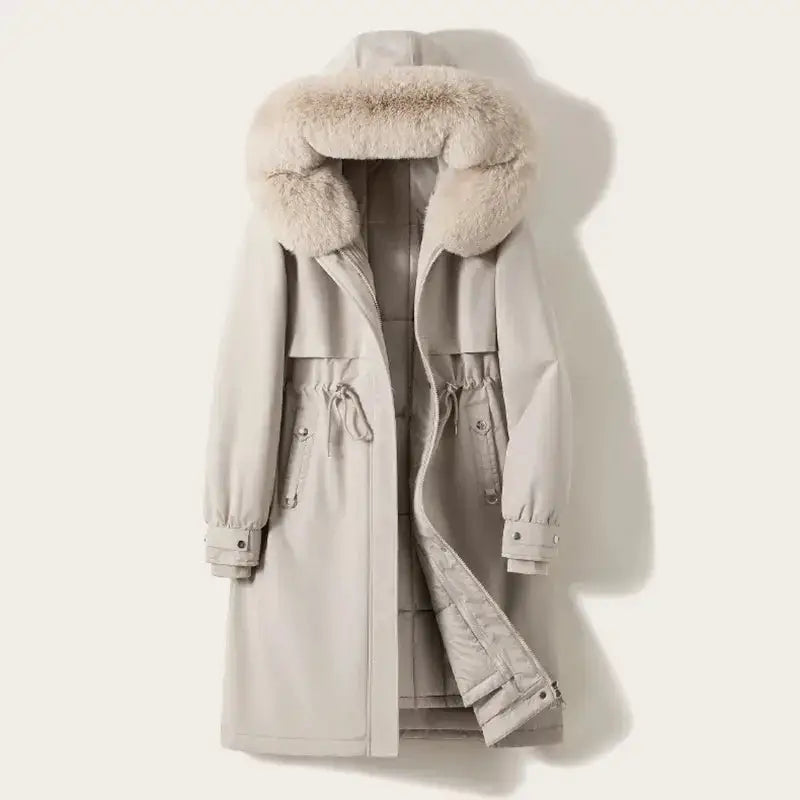 Parka longue femme crème avec capuche en fourrure, doublure intérieure légère, confort optimal