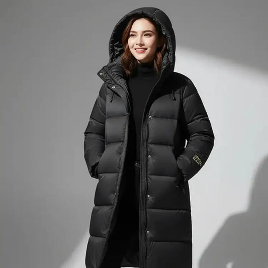 Parka longue femme imperméable avec capuche, puffer noir, couverture optimale