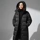 Parka longue femme imperméable avec capuche, puffer noir, couverture optimale