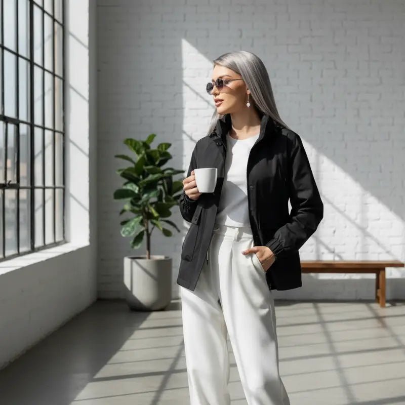 Femme portant une parka noire légère, avec une tasse, dans un intérieur moderne et lumineux.