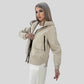 Parka noir femme avec capuche réglable, doublure intérieure, veste beige windbreaker